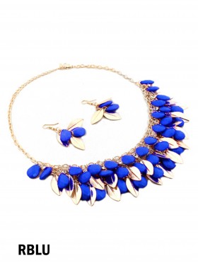 TWO TONE BEAD AND LEAF DESIGN NECKLACE WITH EARRING SET